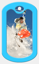Lenticular images dog tag with snow skiier jumps off a mountain, flip