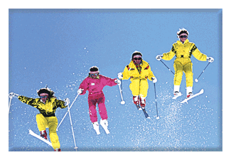 Lenticular button with orange and yellow snow skiiers jump off a mountain, flip
