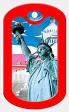 Lenticular prints dog tag with Statue of Liberty switches backgrounds from US flag to Constitution, flip