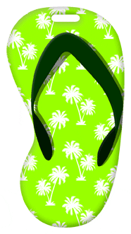 3D Lenticular Print luggage tag with flip-flop sandal shaped, blue to white palm tree pattern, green to yellow background, flip