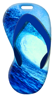 3D Lenticular Images luggage tag with flip-flop sandal shaped, totally radical surfing wave on Maui north shore, bright blue, flip