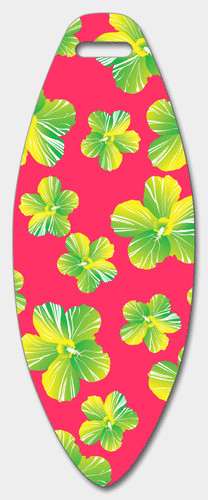 3D Lenticular Images luggage tag with surf board shaped, tropical Hawaiian lei flowers switch from blue to red background, flip