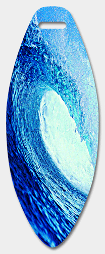 3D Lenticular Printing luggage tag with surf board shaped, totally radical surfing wave on Maui north shore, bright blue, flip