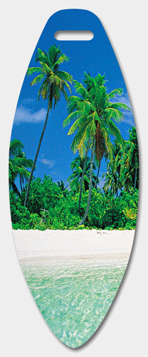 3D Lenticular Print luggage tag with surf board shaped, tropical Hawaiian palm trees on warm white sand beach, flip