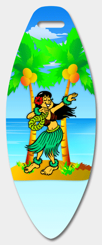 3D Lenticular image luggage tag with surf board shaped, dancing tropical Hawaiian hula girl, palm tree with coconuts, animation
