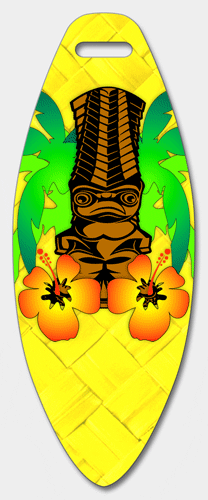 3D Lenticular Images luggage tag with surf board shaped, tiki statues and tropical Hawaiian flowers, yellow background, flip