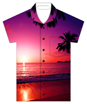 3D Lenticular image luggage tag with t-shirt shaped, tropical Hawaiian sunset photograph, purple to orange tint, flip