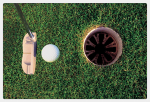 Advertising postcards with lenticular printing, 4x6 size, with golf putter hitting ball into hole