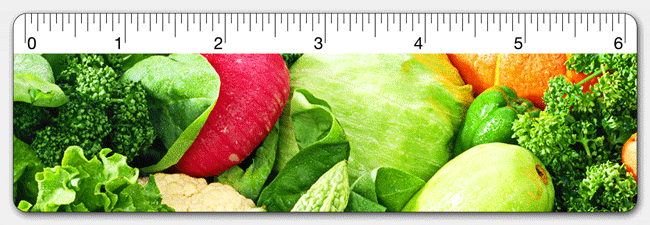 Lenticular PET 6-inch Ruler with flip image of fresh vegetables