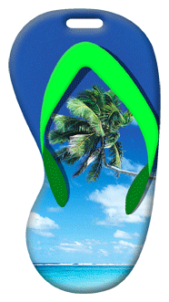 3D Lenticular Images luggage tag with flip-flop sandal shaped, tropical Hawaiian palm tree beach with white sand and clouds, flip